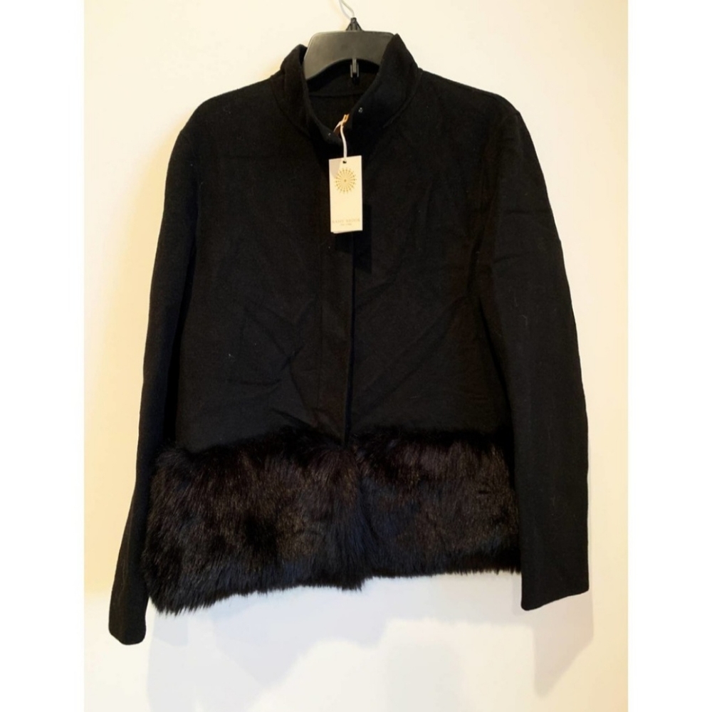 NWT Ramy Brook Addison Wool Black Dress Jacket Coat Faux-Fur Hem Large - Picture 3 of 3